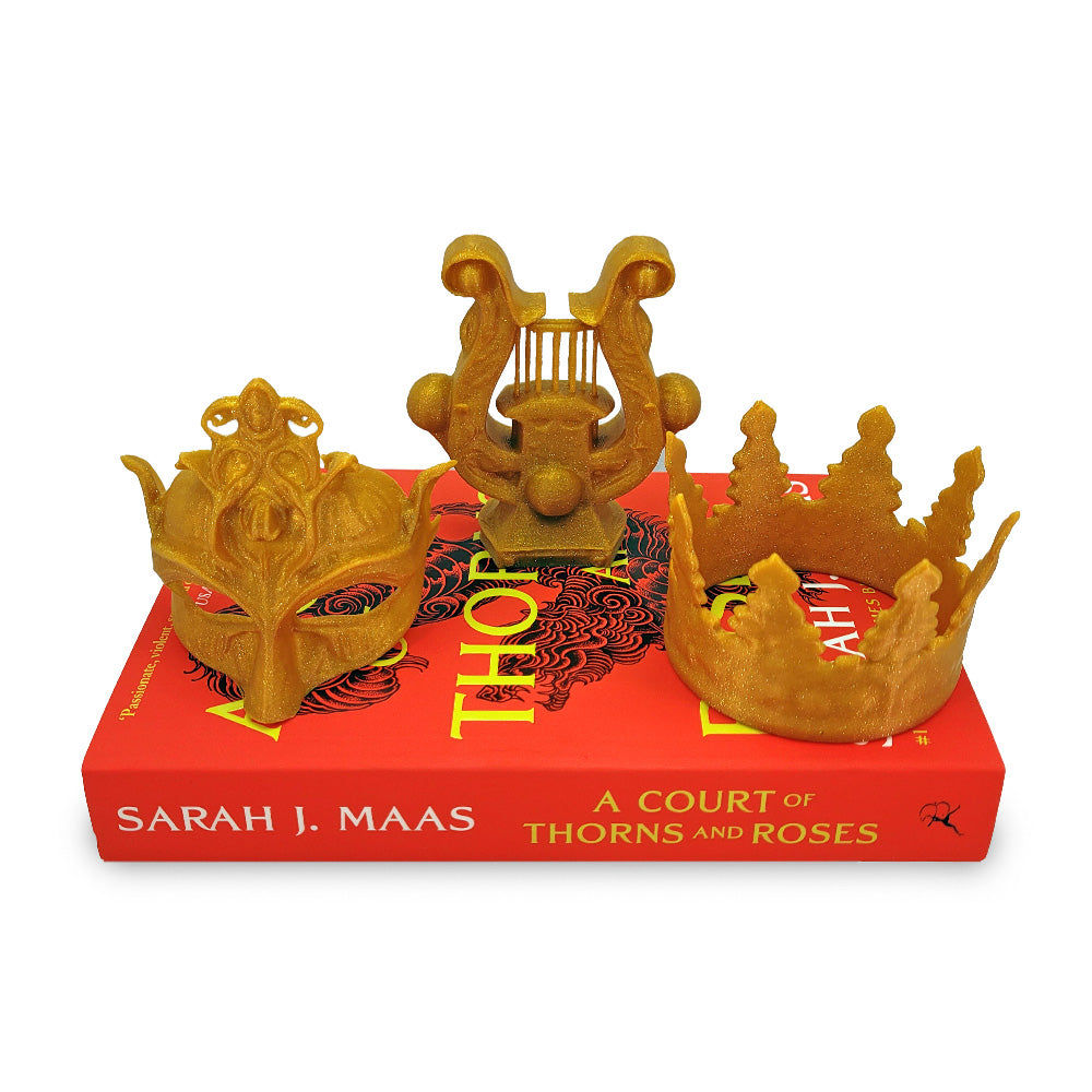 Gold Fantasy Shelf Decor Set – Crown, Harp & Mask